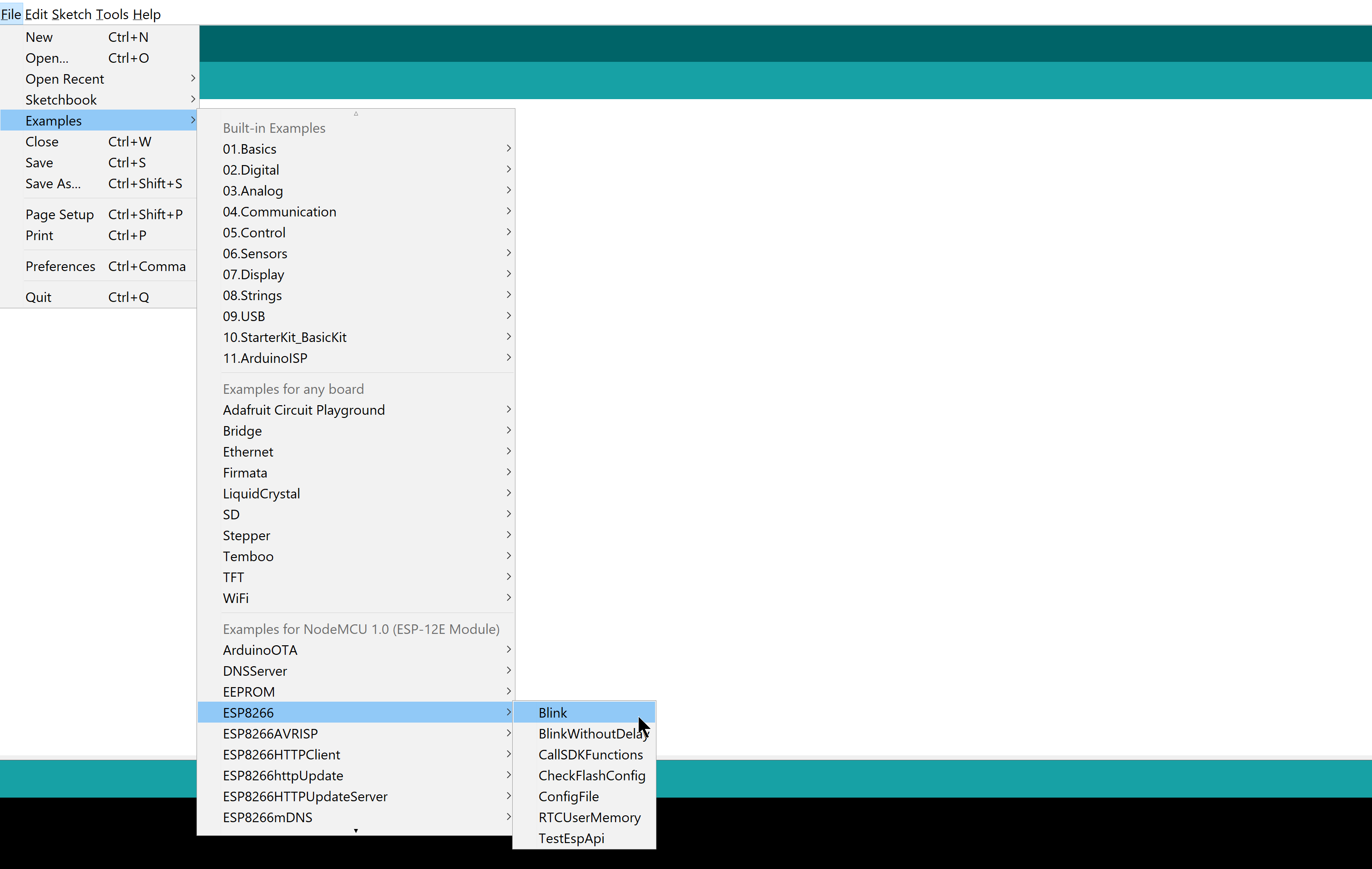 Arduino IDE examples open, with Blink example highlighted