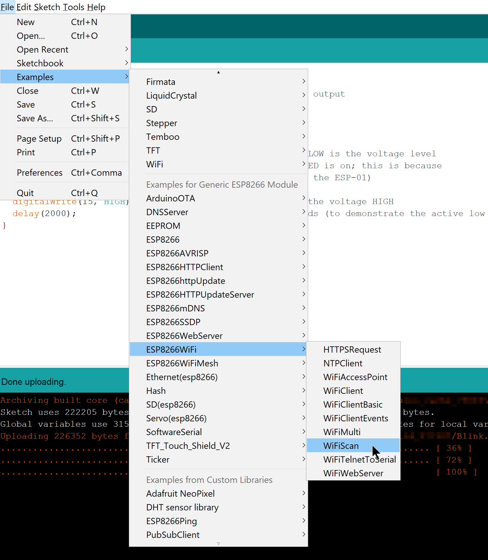 "WiFiScan" example focused in Arduino IDE